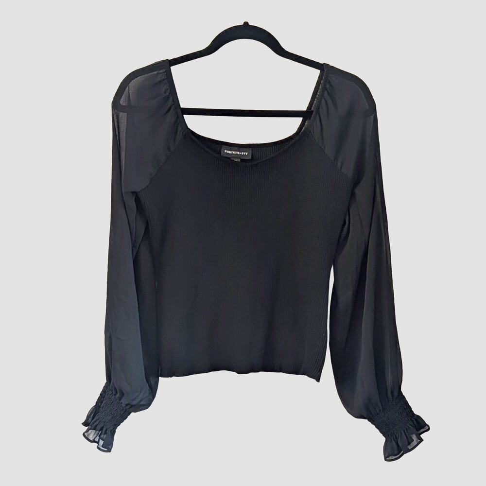 Fortune & Ivy Black Ribbed Mesh Sleeve Top Medium Long Sleeve Blouse Minimalist